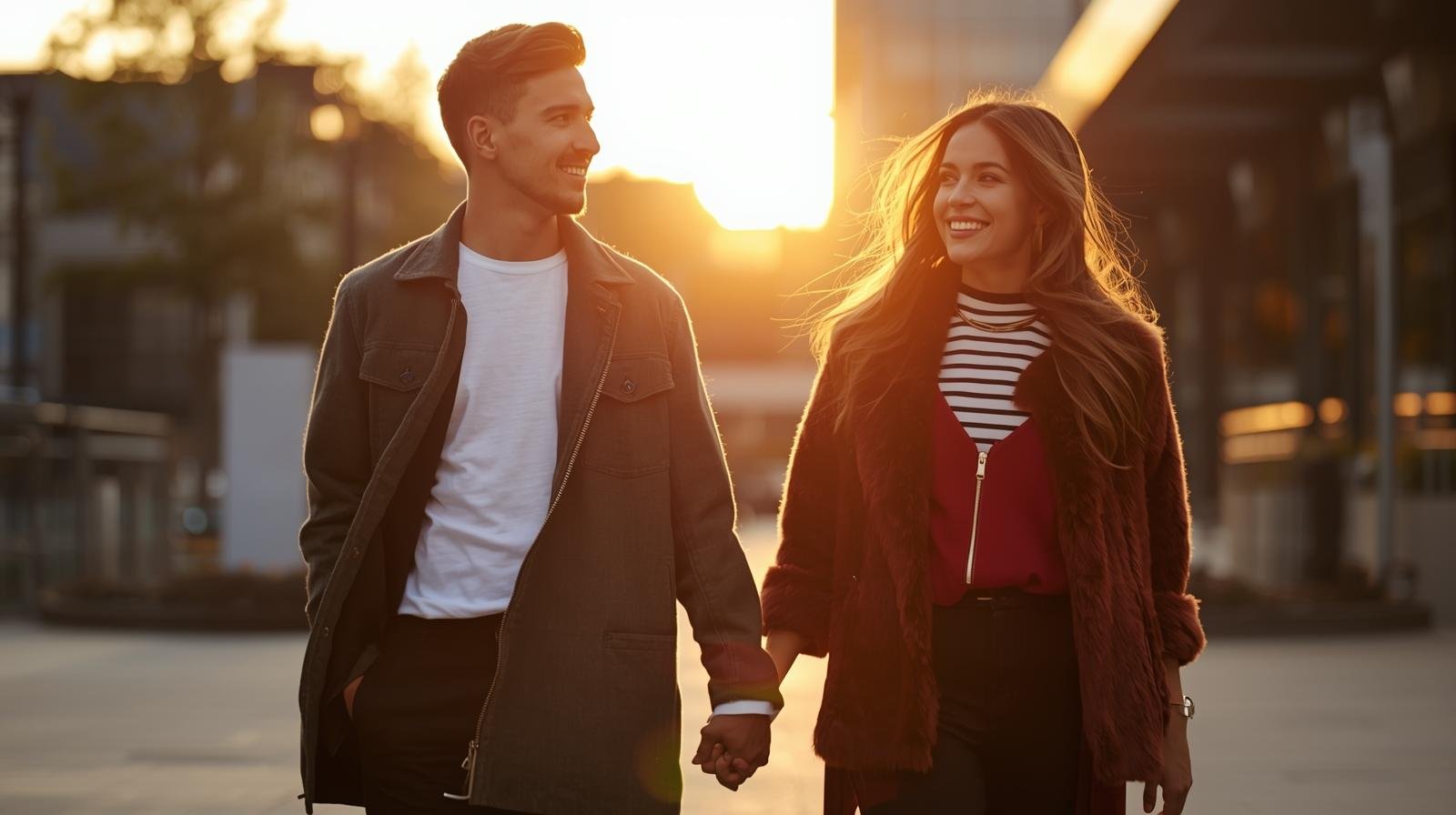 Categorias 6 A confident couple walking together at sunset holding hands warm tones urban background slightly blurred elegant and natural style modern clothing lifestyle photography