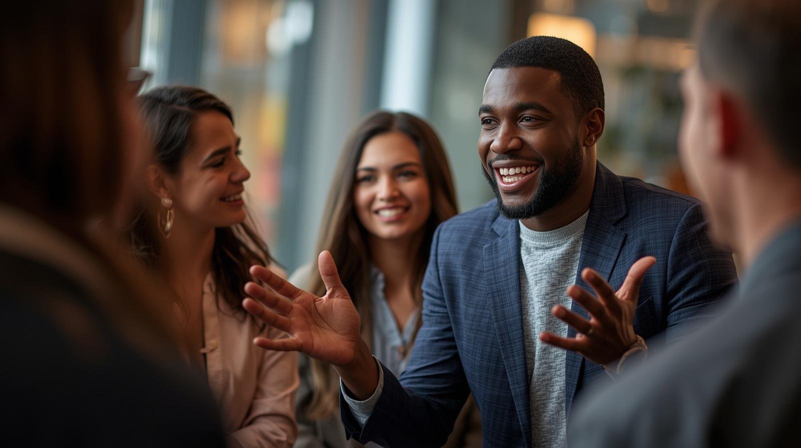 Categorias 4 A confident man speaking to a small group expressive body language people listening with attention warm and inviting tones modern casual environment documentary style photo