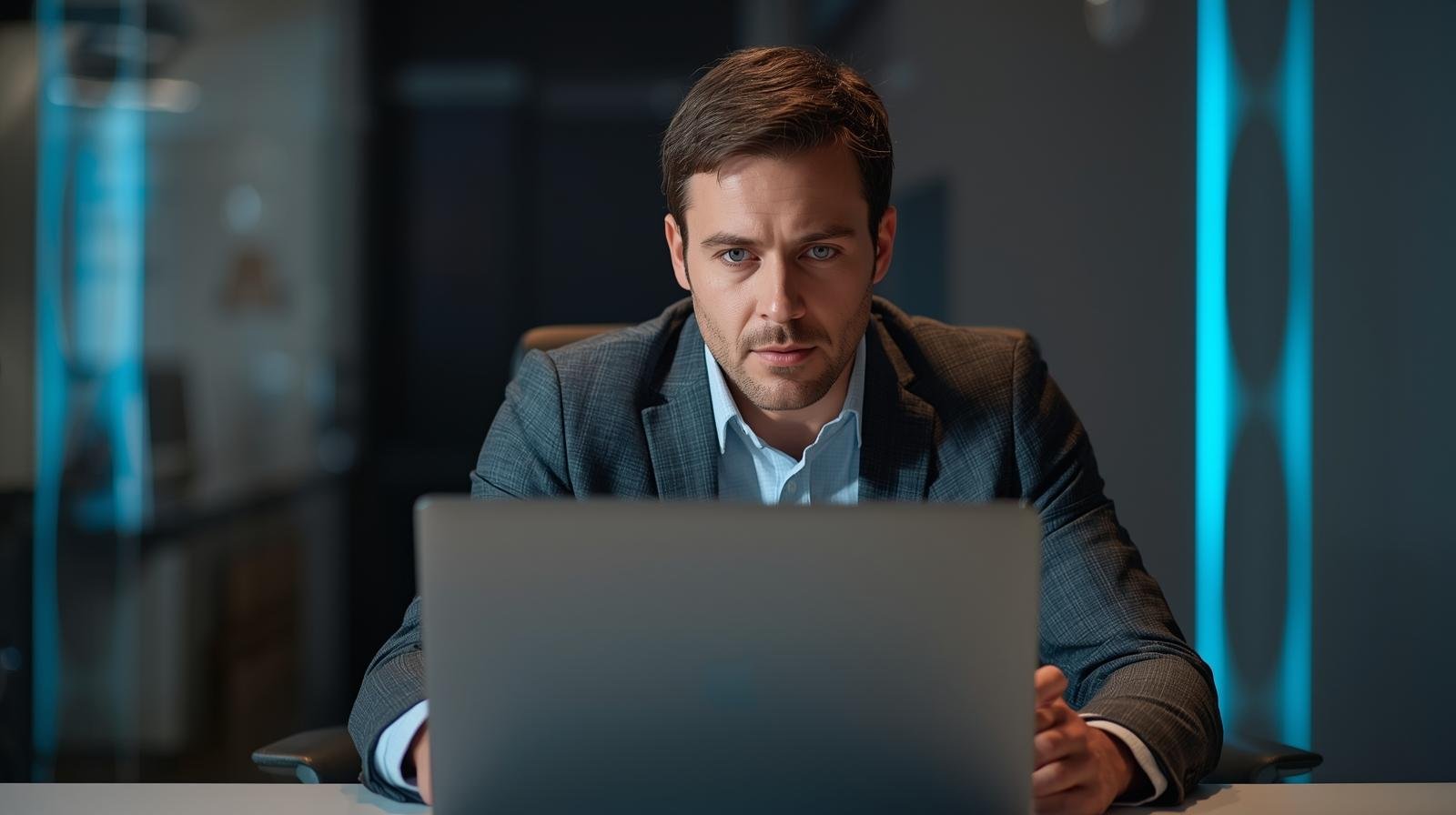Categorias 2 A professional man in an office environment working on a laptop with focus modern corporate setting neutral colors with a touch of blue confident expression cinematic lighting