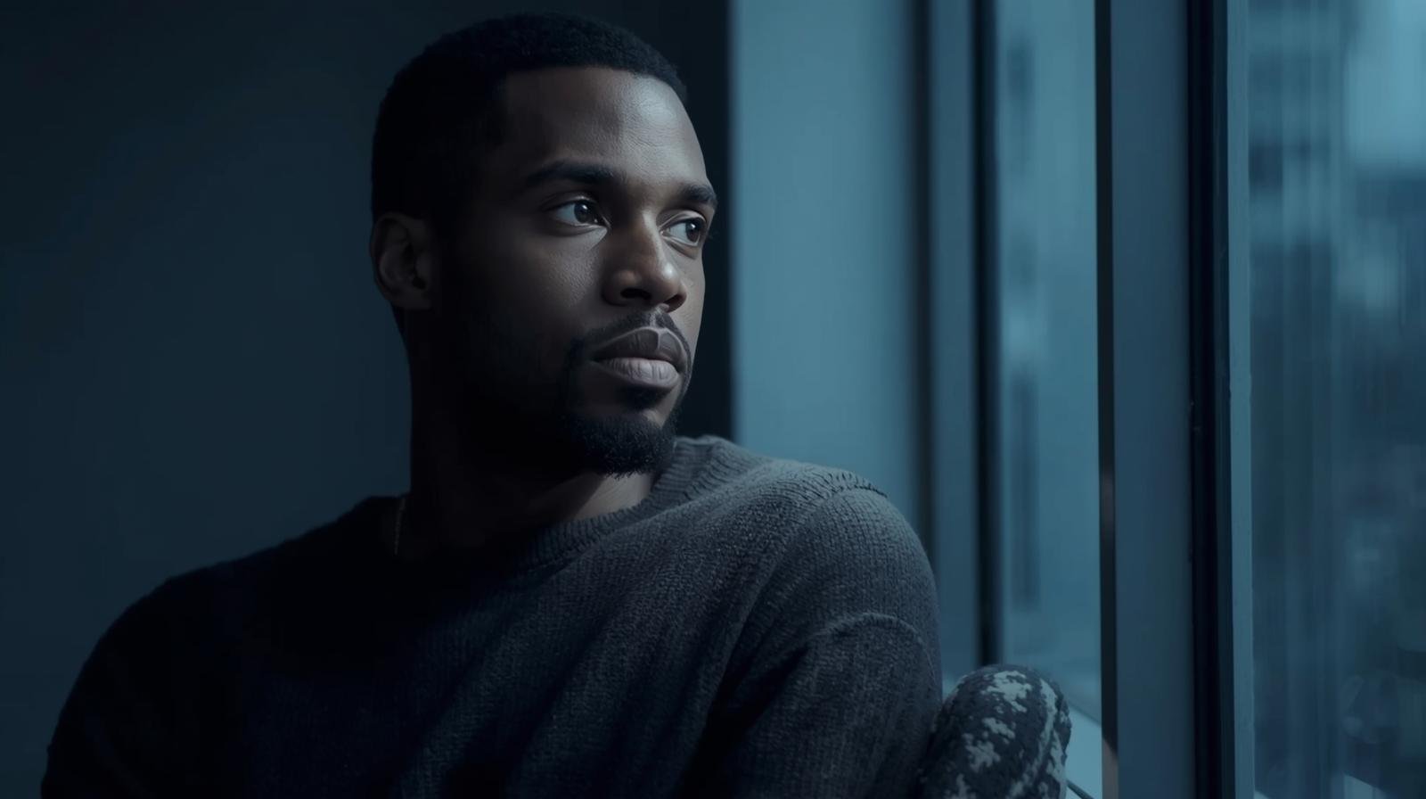 Categorias 1 A thoughtful man in his 30s sitting by a window soft natural light calm and reflective mood minimalistic background colors in blue and gray tones cinematic style realistic photography