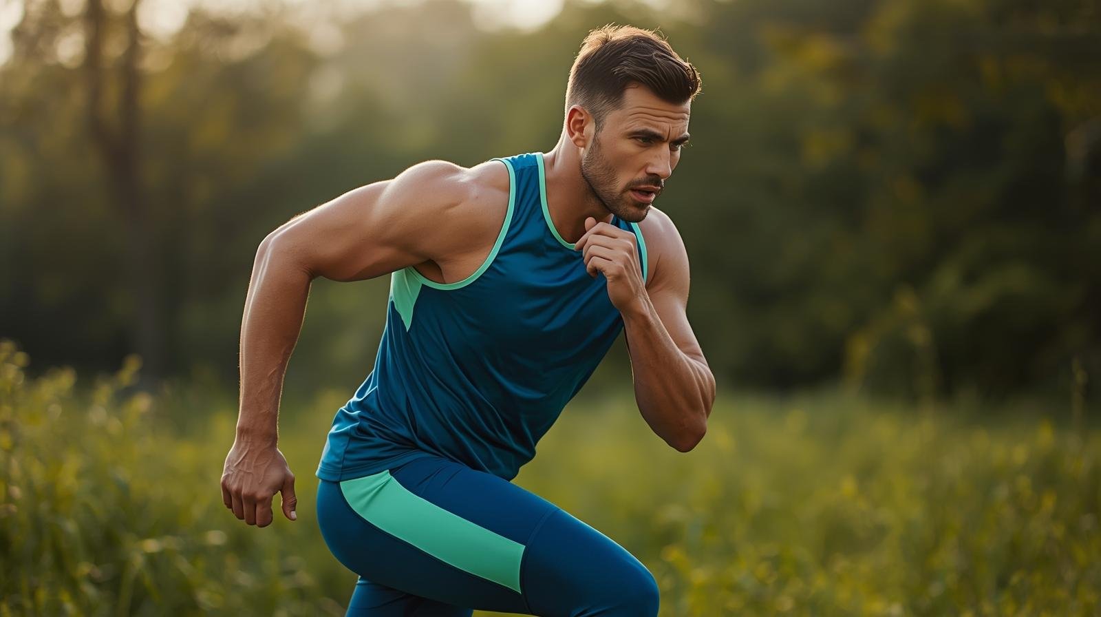 Categorias 3 Athletic man training outdoors in natural light modern sportswear healthy lifestyle atmosphere green and blue tones energetic and motivational style fitness editorial photography