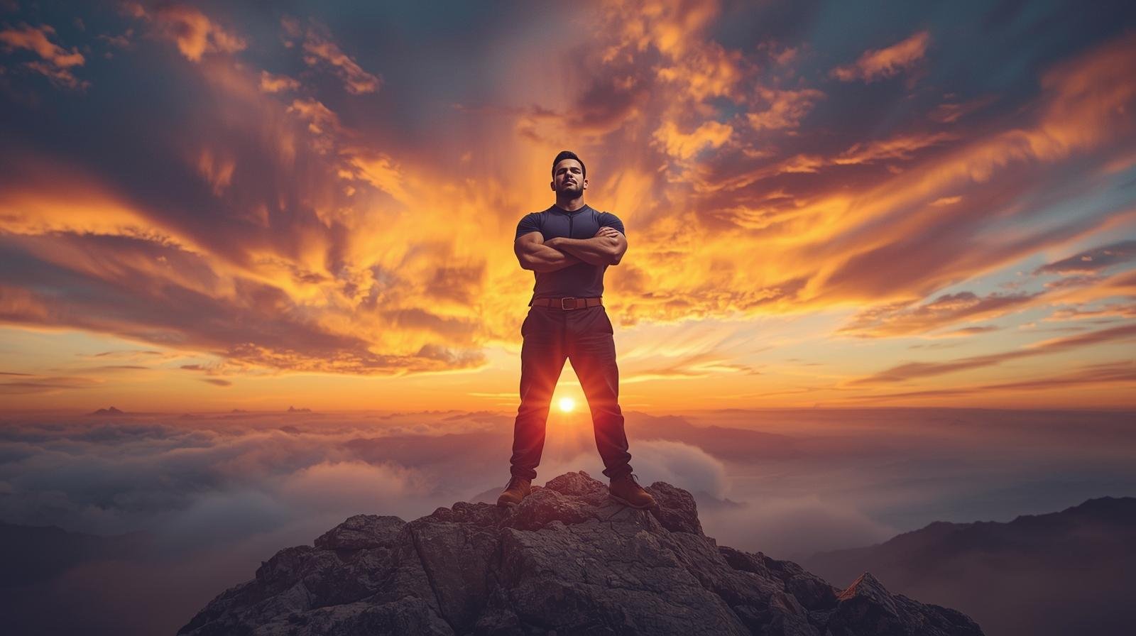 Categorias 5 Strong confident man standing on a mountain peak at sunrise arms crossed powerful and inspiring atmosphere dramatic sky epic cinematic photography masculine energy
