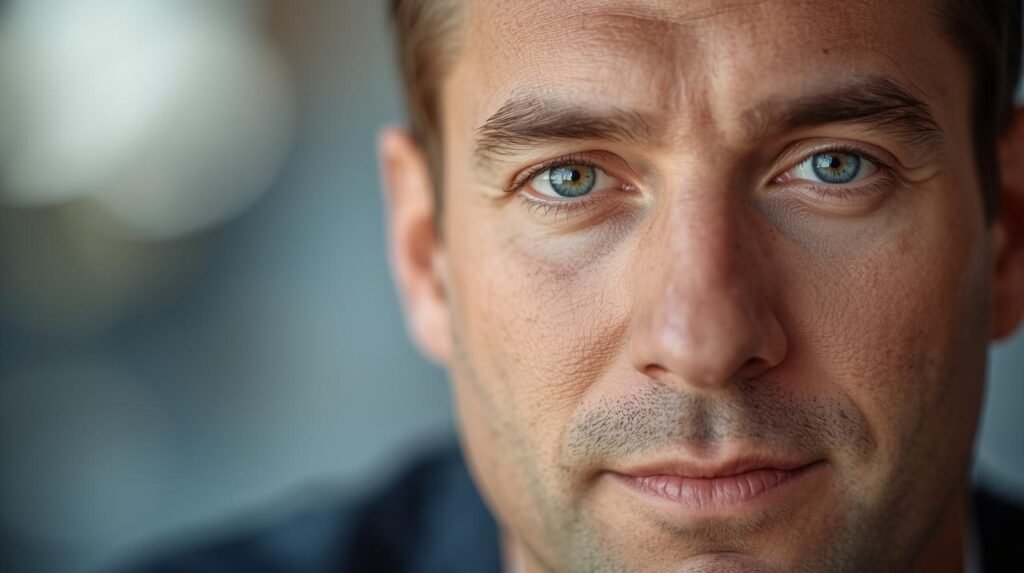 Close no olhar calmo e empatico de um homem fundo desfocado