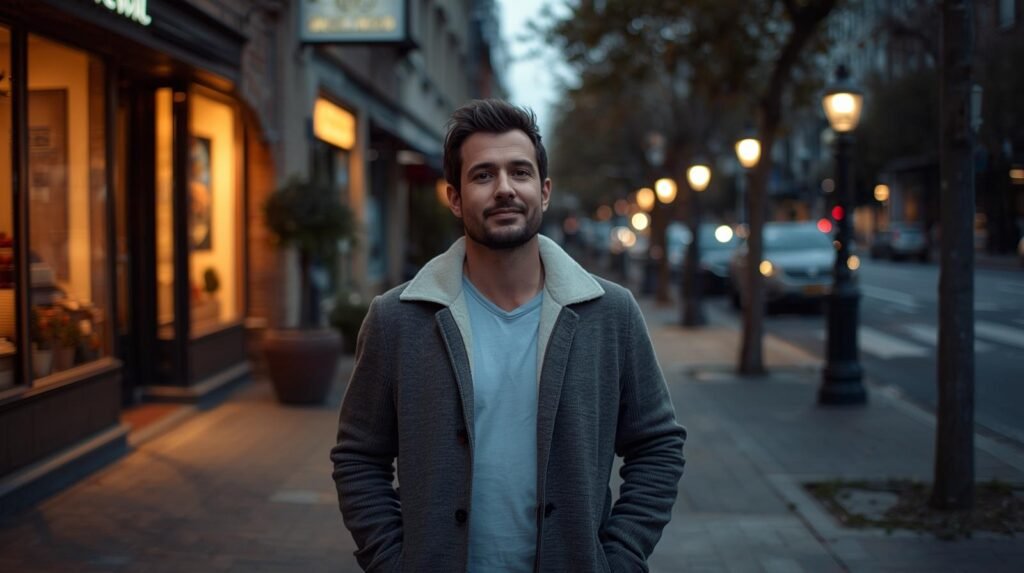 Homem caminhando tranquilo por uma rua iluminada com expressao serena e postura aberta