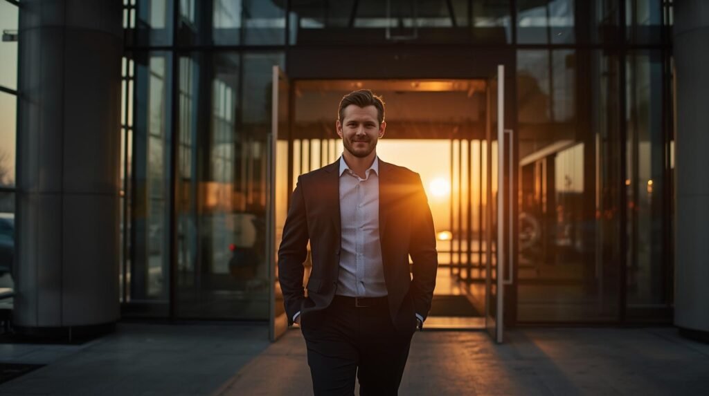 Como Negociar um Aumento Salarial com Confiança – Passo a Passo 3 Homem saindo de um predio corporativo ao por do sol postura confiante e expressao tranquila