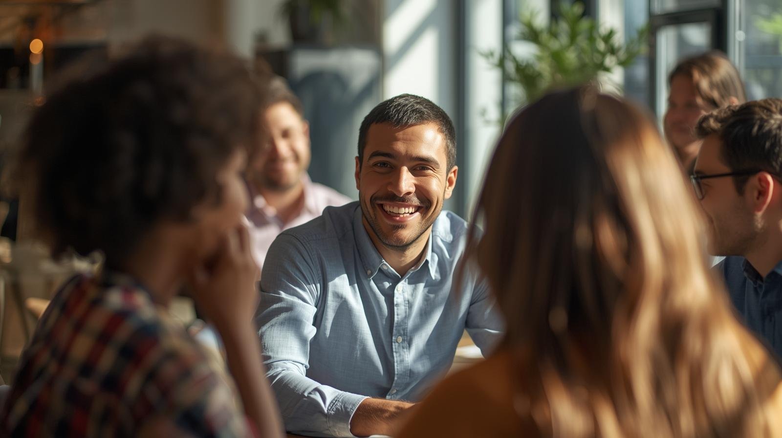 Como Ser Mais Carismático em Qualquer Ambiente 1 Homem sorrindo de forma confiante e relaxada interagindo com outras pessoas em um ambiente social cafe ou coworking luz natural