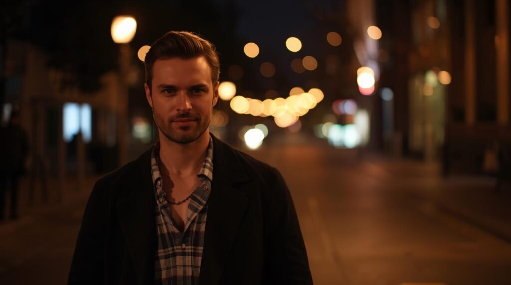 Por Que Você Perde a Confiança Antes do Encontro (E Como Reverter Isso) 5 homem caminhando a noite apos encontro romantico expressao serena luz de rua quente e ambiente urbano calmo