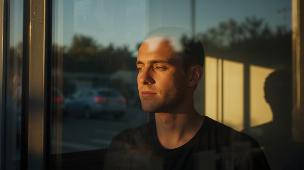 7 Sinais de Ansiedade Masculina que Muitos Ignoram 2 homem refletindo a janela luz natural suave ambiente limpo