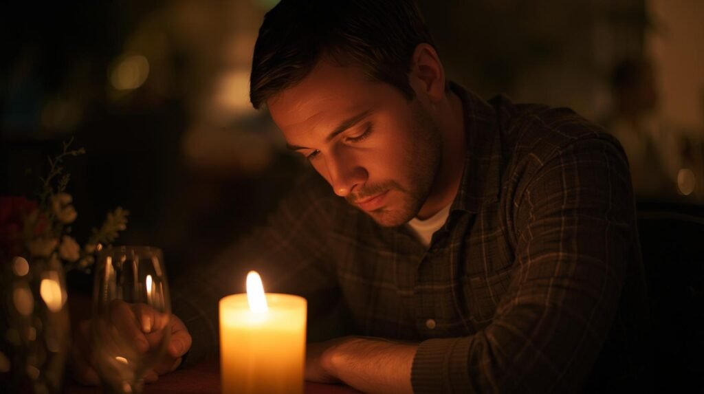 Por Que Você Perde a Confiança Antes do Encontro (E Como Reverter Isso) 4 imagem de homem sentado em mesa em encontro romantico respirando fundo ou olhando para baixo com serenidade. 1