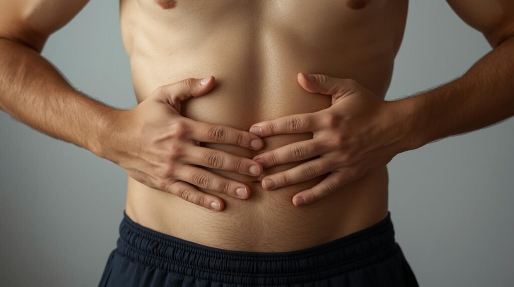 Close no abdomen e maos simbolizando respiracao diafragmatica. SEXO MASULINO 1