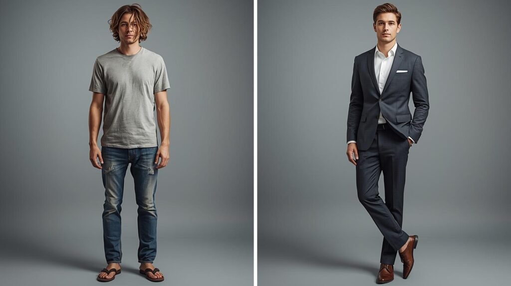 Como se Vestir Para Transmitir Poder e Respeito 2 Esquerda homem desleixado amassado chinelo Direita o mesmo homem bem vestido 1