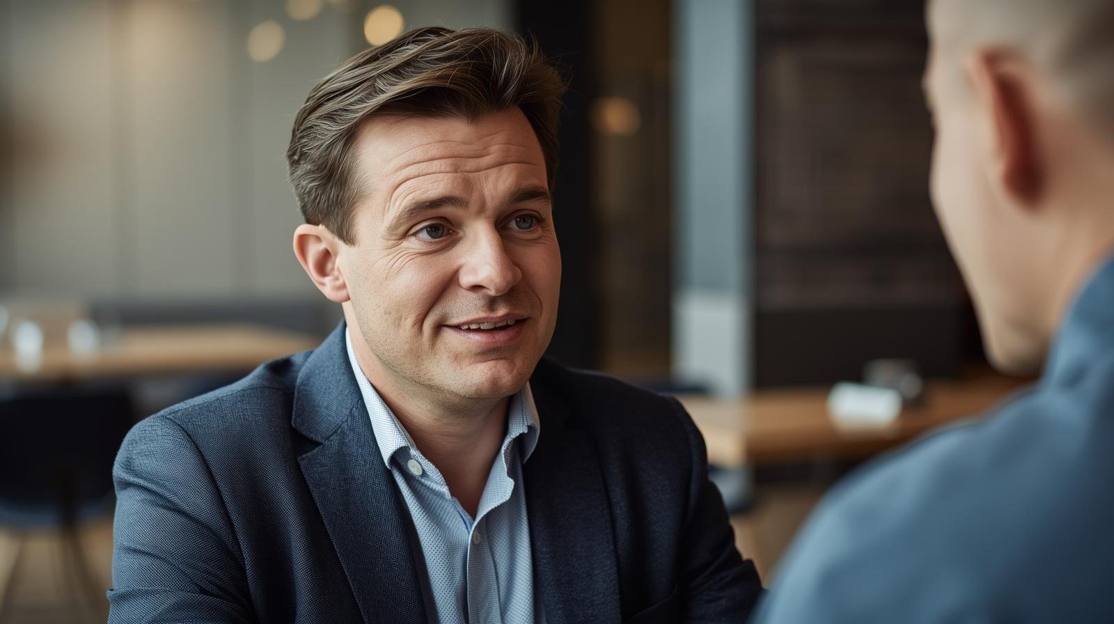 Homem em ambiente corporativo ou cafe conversando naturalmente