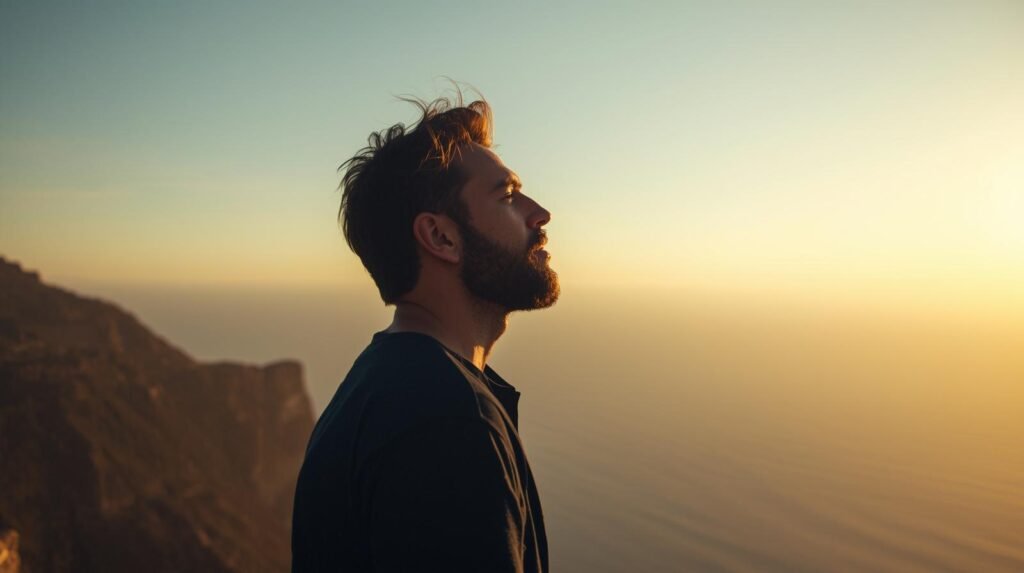 Homem olhando o horizonte com respiracao leve e expressao serena