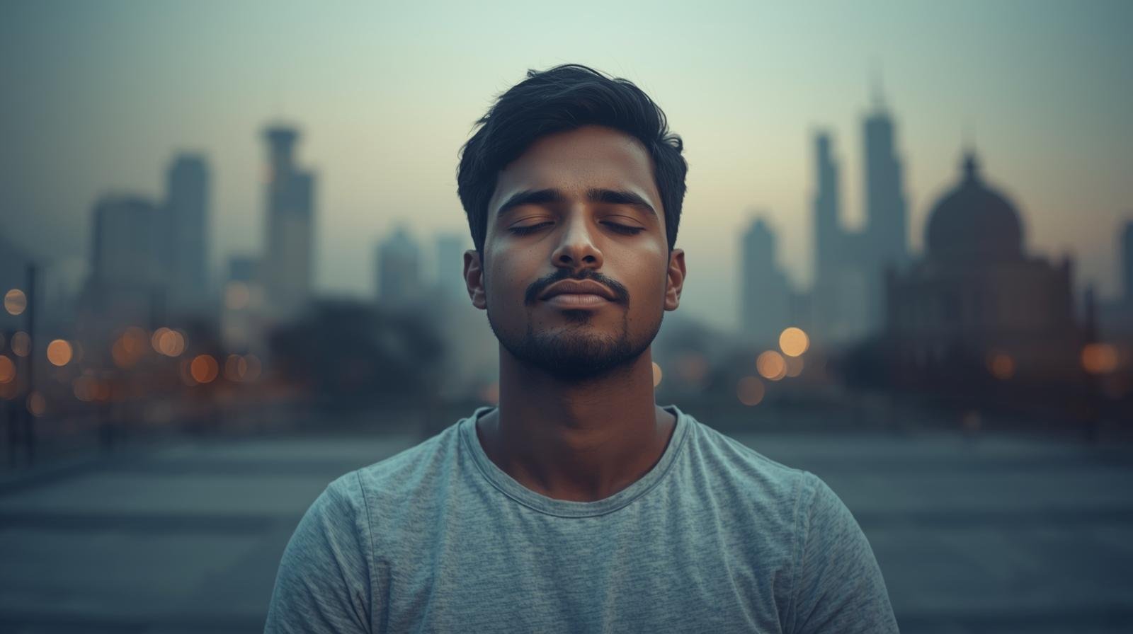 Técnicas Rápidas de Respiração para Controlar Crises 1 Homem sentado em posicao relaxada olhos fechados respiracao profunda fundo urbano suave