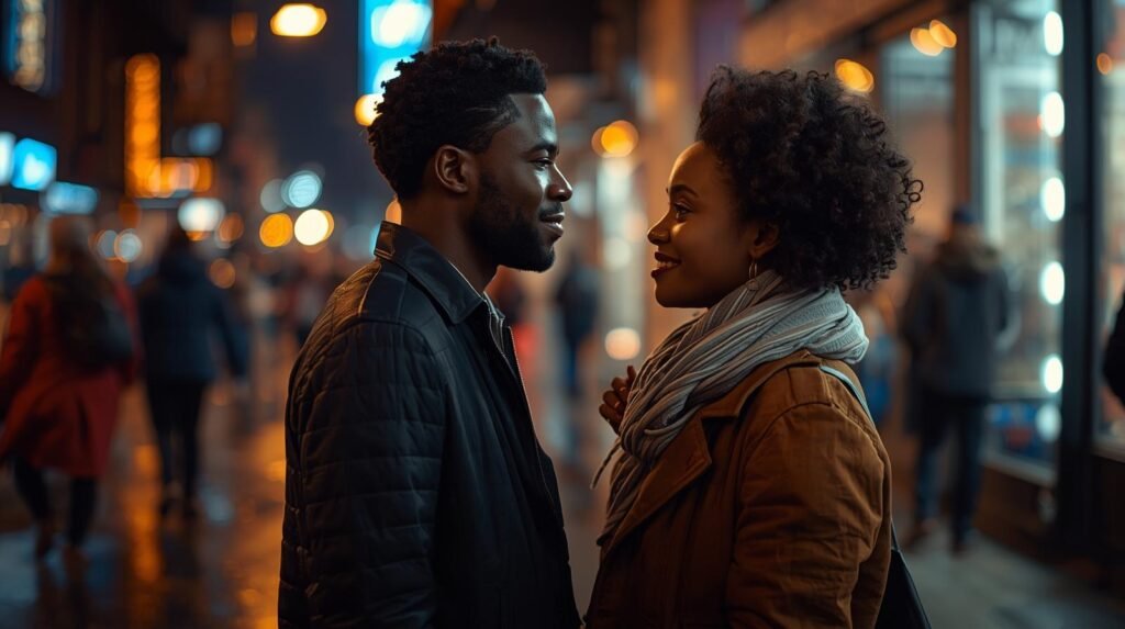 casal conversando com serenidade em ambiente urbano