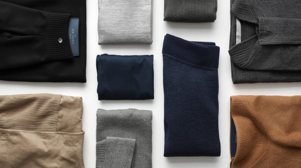 composição de peças masculinas em tons neutros (preto, azul marinho, cinza, bege). composicao de pecas masculinas em tons neutros preto azul marinho cinza bege