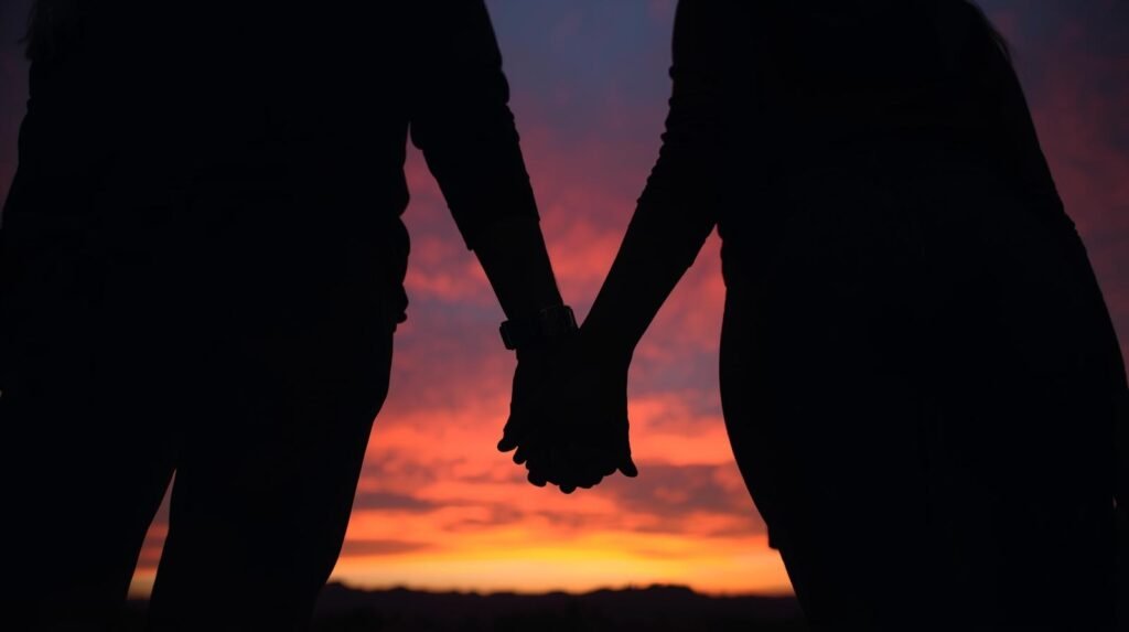 homem e mulher olhando o por do sol maos entrelacadas 1