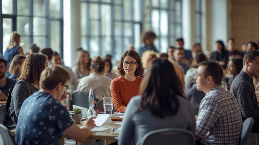 mesa de trabalho compartilhada com pessoas interagindo uma com as outras